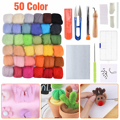 #ad 50 Colors Wool Fibre Roving DIY Needles Felting Starter Kit Handicraft Mat Tools $14.48