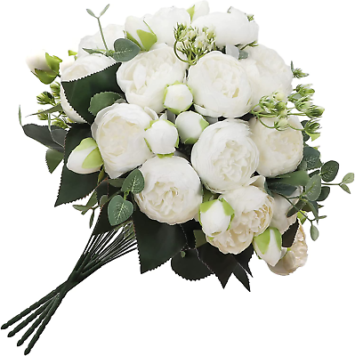 #ad 4 Bundles White Peonies Artificial Flowers Bulk 20 Peony Heads Small Ivory Faux $40.76