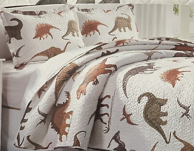 #ad Home amp; Main Kids Quilt and Sham Set White Brown Dinosaur Pattern Twin Size $25.00