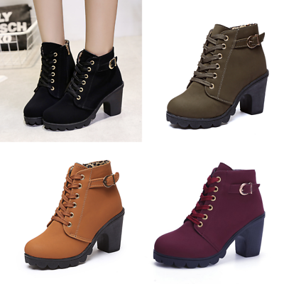 #ad Womens Ankle Boots Lace Up Buckle Zip Mid Chunky Heel Booties Round Toe Shoes $26.39