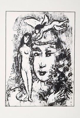 #ad Marc Chagall WHITE CLOWN 1964 Original Lithograph Circus Surreal Bouquet Art $475.00