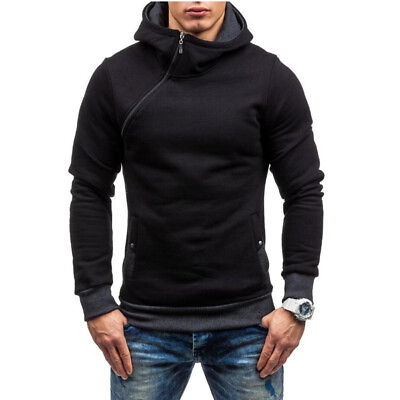 #ad Men#x27;s Fall Winter Hooded Long Sleeve Sweatshirt Diagonal Zipper Pullover Hoodies $27.89