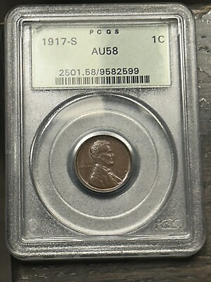 #ad 1917 S Lincoln Wheat Cent Penny PCGS OGH AU 58 Better Date Old Green Holder BN $90.00