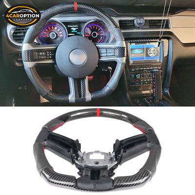 #ad Fits 10 14 Ford Mustang Steering Wheel Carbon Fiber Leather Red Stitch amp; Ring $389.99
