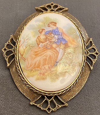 #ad VTG Porcelain Cameo Pendant Brooch Romantic Courting Marked LG In A Heart $10.99