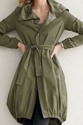 #ad Eileen Fisher womens XS belted bubble trench coat army green pockets new $378 $224.97