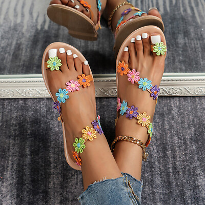 #ad Summer Women Casual Small Embroidery Flowers Flip Flops Strappy Flat Sandals $18.04