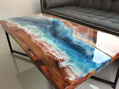 #ad Buy Blue Ocean Beach Epoxy Resin Table Top Handmade Dining Room Wooden Furniture $459.00