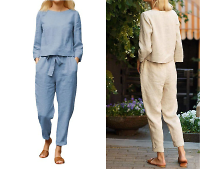 #ad Women 2 Piece Outfits Self Tie Long Sleeve Blouse Top Long Pants Set $69.95