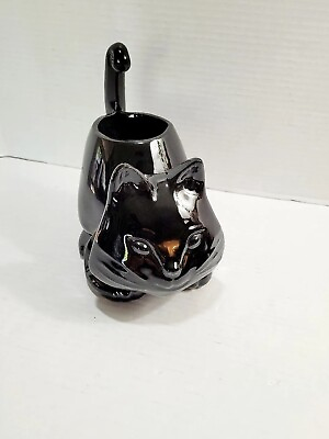 #ad Vintage Black Cat Ceramic Kitten Planter Desk Organizer Bowl Figurine $16.99