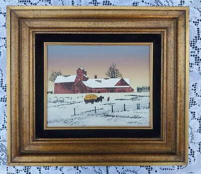 #ad H Hargrove Barn In Winter Oil Painting Canvas Signed 14quot; x 16 1 2quot; Farm Scene $35.96