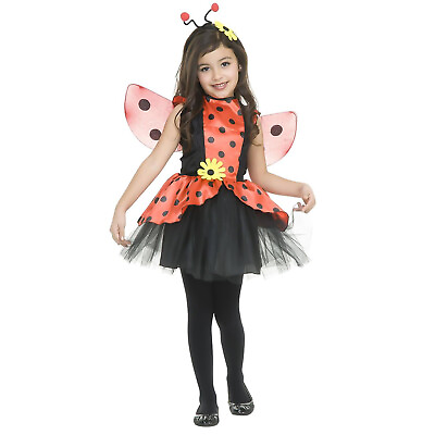 #ad Child Girls Red Ladybug Halloween Costume Polka Dot Dress Wings Headband M L $7.16