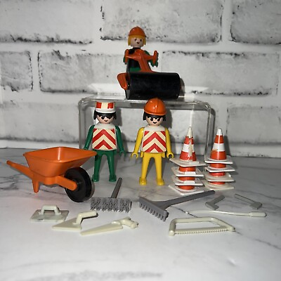 #ad Playmobil Construction Lot Workers Wheelbarrow Cones Roller Tools Vintage $15.99
