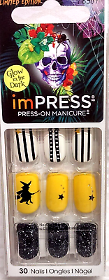 #ad Kiss Impress Press On Nails Short HALLOWEEN Yellow Black White Witch Glow inDark $6.97