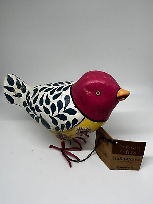 #ad Hand Painted India Distressed Finish Wooden Folk Art Bird With Metal Feet $28.00
