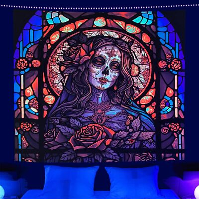 #ad Blacklight Skull Tapestry Wall Hanging UV Reactive Skeleton Tapestry for Bed $11.78
