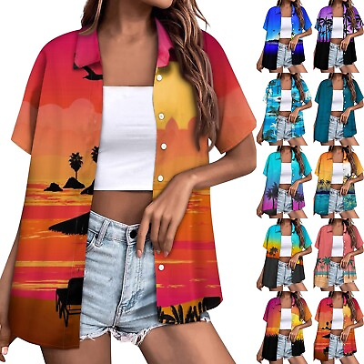 #ad Womens T Shirt Casual Short Sleeve Flower Print Buttons Lapel Shirt Top Blouse $11.41
