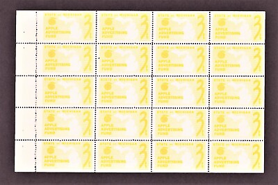 #ad Pane of 20 Michigan Apple Advertising Stamp 3 Cent Yellow State Revenue $49.99