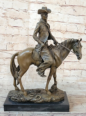 #ad Western Art Deco Cowboy Riding Bronze Marble Statue Figure Sculpture ride Horse $399.00