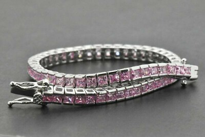 #ad 13Ct Princess Pink Sapphire Lab Created Tennis Bracelet 14k White Gold Plated $302.39