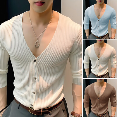#ad INCERUN Mens V Neck Long Sleeve Tops Jumper Ribbed Knitted Sweater Pullover Plus $21.84