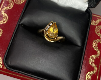 #ad 🛑 10k Yellow Gold 1.5 Ct Citrine Pear Diamond Gemstone Vintage Vintage Ring 7 $239.00