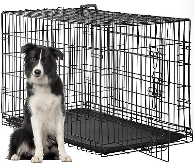 #ad 48 Inch Black Dog Crate Cage Kennel Double Door Divider Panel $91.61