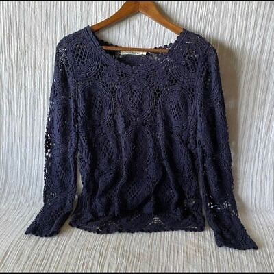 #ad Solitaire Crochet Open Knit Navy Blue Sweater Medium $10.00