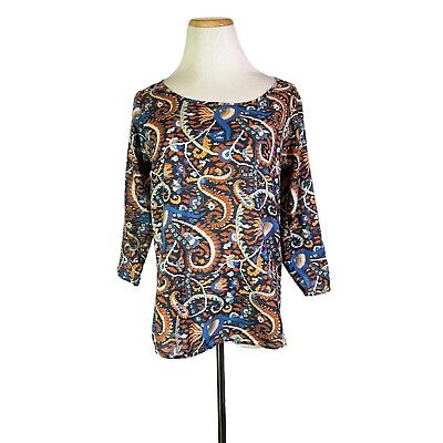 #ad Zara Basic Size S Thin Woven Tunic Blouse Roll Tab Sleeves Orange Blue Paisley $17.09