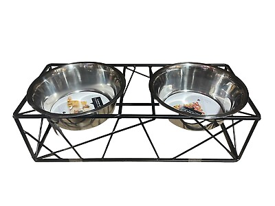 #ad Elevated Modern Dog Cat Pet Feeder Double Bowl Food Water Stand Stainless Steel $24.99