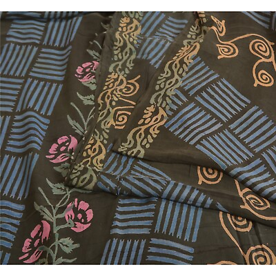 #ad Sanskriti Vintage Sarees Indian Black Pure Crepe Silk Printed Sari Craft Fabric $38.00