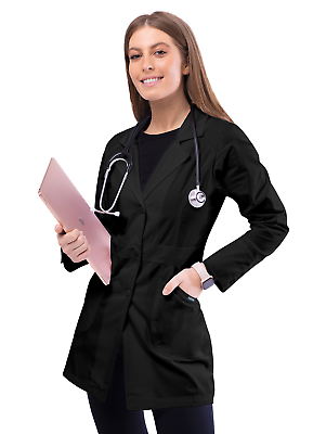 #ad Adar Women Lapel Collar Multi Pocket Buttoned Medical Lab Consultation Coat $40.19