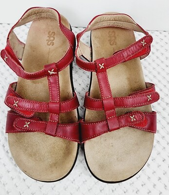 #ad SAS 3 Strap Sandals Sling Back Red Size 8.5 Wide Comfort Pre Own $33.39