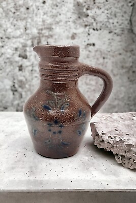 #ad Vintage Hand Thrown Salt Glazed Pottery Jug Pitcher 5 in Floral Cobalt Brown $16.99