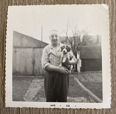 Vintage 1958 Found Photograph Man Holds Beagle Puppy Dog Outside Family Pet $7.50