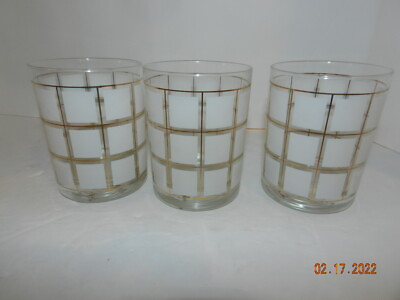 #ad 3 Vtg Libbey? Glasses Cocktail Frosted Gold amp; white Lowball Mid Century MCM $24.99