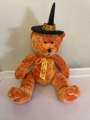 #ad Vintage 1988 Chrisha Playfull Plush Orange Bear Halloween Black Hat $15.14