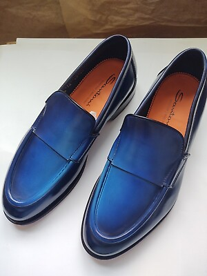 #ad Santoni $1330 Dark Blue Loafers Leather Sole Round Toe 11 US 10 UK Brand New $499.90