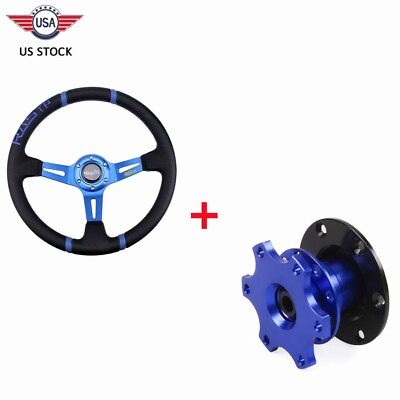 #ad Blue 350mm Deep Dished Racing Aluminum Steering Wheel amp; Quick Release Hub Kit $39.19