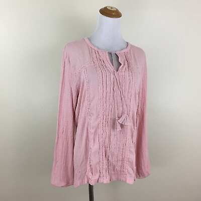 #ad LUCKY BRAND Womens sz Large Medium Pink Linen Blend Mix Fabric Tie Collar Shirt $11.19