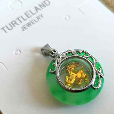 #ad 24K Yellow Gold Plated Jade Chinese Zodiac Goat Spinning Pendant Necklace $13.74