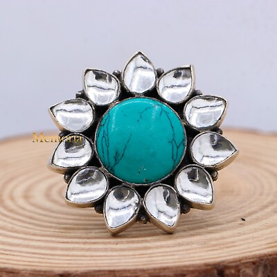 #ad Charming Flower Shape Natural Turquoise Gemstone Ring 925 Sterling Silver Ring $55.00