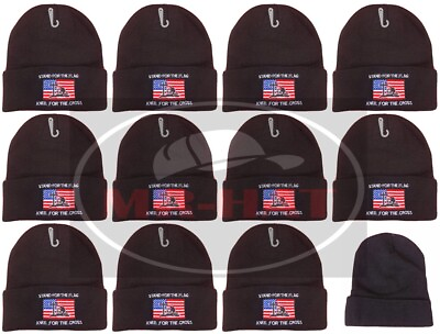 #ad 12 Black Beanies STAND For The FLAG KNEEL For The CROSS USA Winter Headwear Lot $90.00