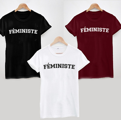 #ad FÉMINISTE T SHIRT VARSITY SLOGAN WOMAN GIRL POWER PROTEST STATEMENT FRENCH GBP 13.41