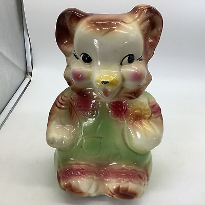 #ad 1950s American BisqueTeddy Bear in Green Pants Pink Collar Cookie Jar 11” AS IS $14.50