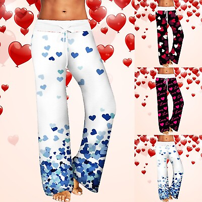 #ad Womens Slacks Valentine#x27;s Day Printed Love PrintHome Trousers Drawstring Waist $18.18