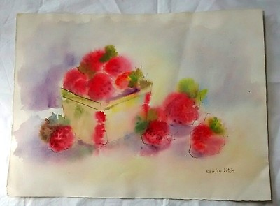 #ad Signed Indiana Artist Shirley Little Still Life Strawberries Watercolor Painting $51.99