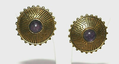 #ad Vtg 80s Laurel Burch Amethyst Studded Edged Round Dome Gold Tone Clip Earrings $29.99