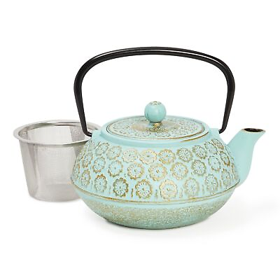 #ad 34oz Classic Cast Iron Tea Pot Kettle with Stainless Steel Infuser Teal Floral $28.49