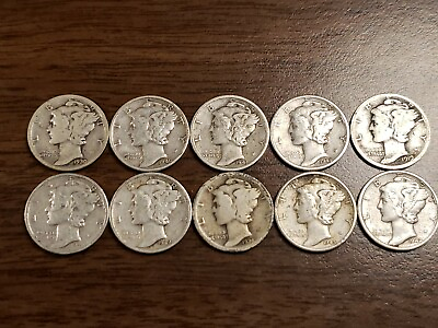#ad #ad Lot Of 10 Silver Mercury Dimes All Different Dates Or Mints 1916 1945 PDS $34.99